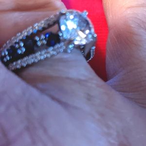 Sterling Silver Blue Sapphire Ring with Simulated diamond.  Size 7
